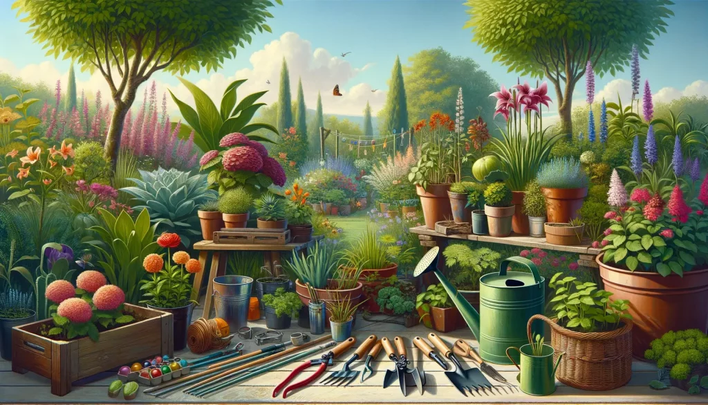 Uma imagem ilustrativa para um artigo sobre jardinagem e cultivo de plantas, mostrando um jardim diversificado com vários tipos de plantas, incluindo (1)