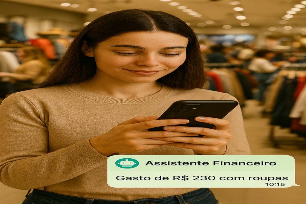Pessoa usando assistente financeiro em loja de roupas para registrar gasto de R$ 230