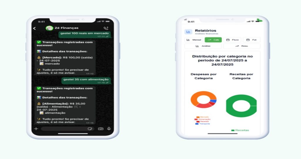 Interface de assistente financeiro registrando despesas e gerando relatório com gráficos de categorias